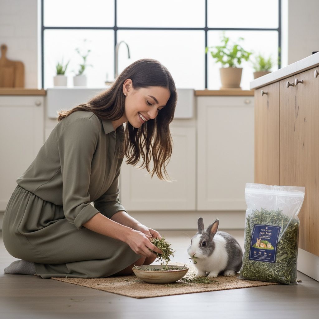Happy customer feeding pet bunny